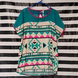 Style & Co. Teal Cream and Pink Aztec Print Short Sleeve Blouse